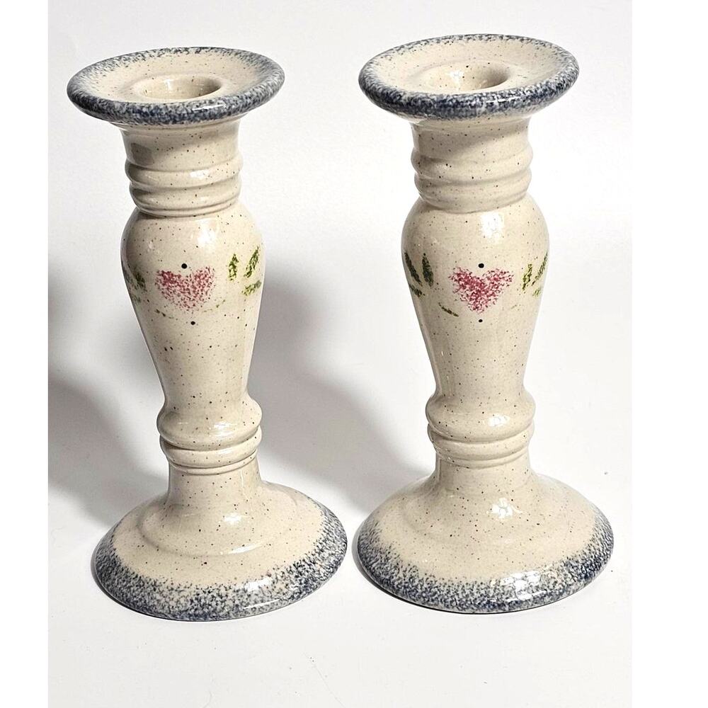 90s Vintage Ceramic Candlestick Holders Spongeware Pattern with a Heart